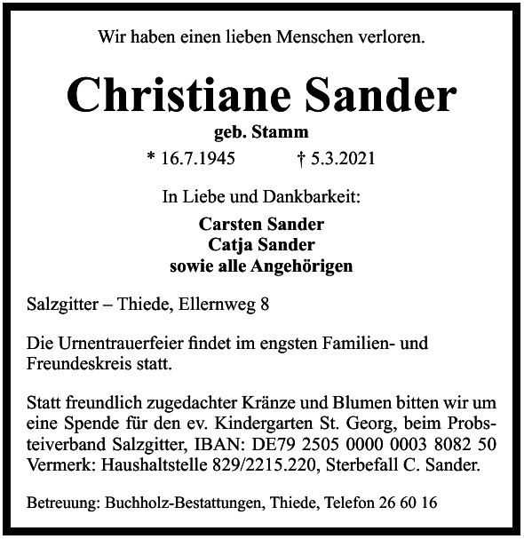 20210310 Christiane Sander Traueranzeige Wolfenbtteler Zeitung